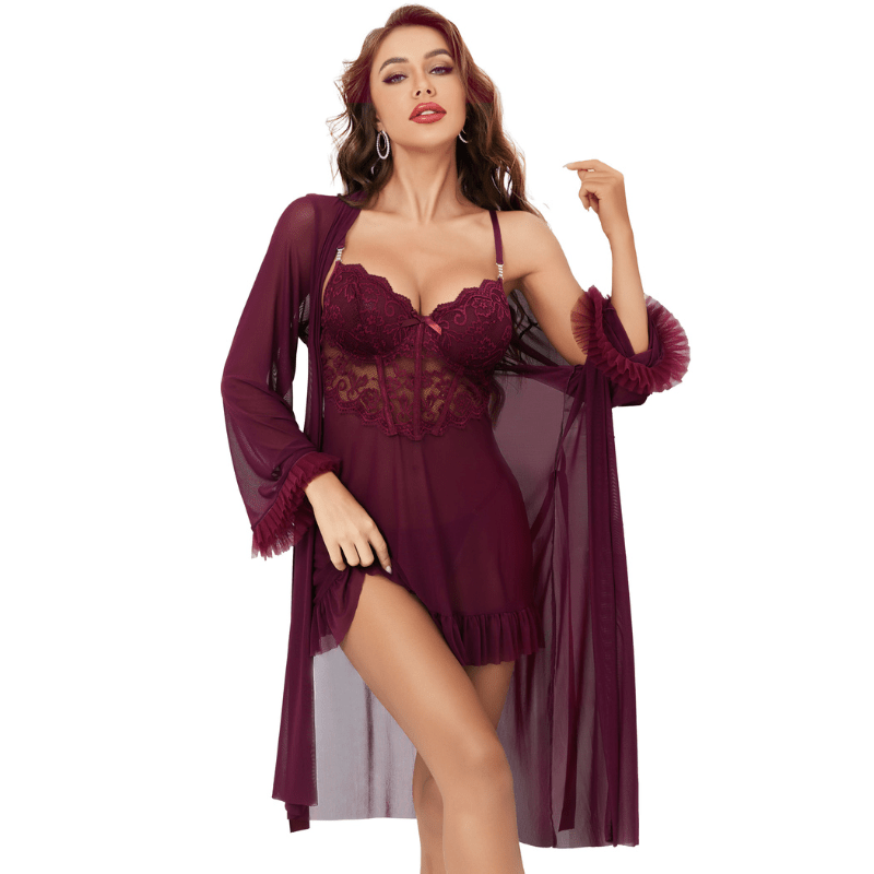 3 Piece Lace Sexy Kimono Robe Babydoll Nightwear Set