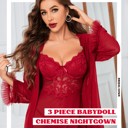 3 Piece Lace Sexy Kimono Robe Babydoll Nightwear Set