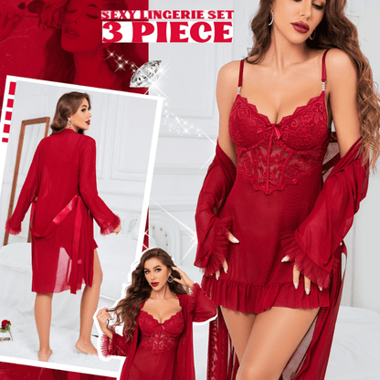 3 Piece Lace Sexy Kimono Robe Babydoll Nightwear Set