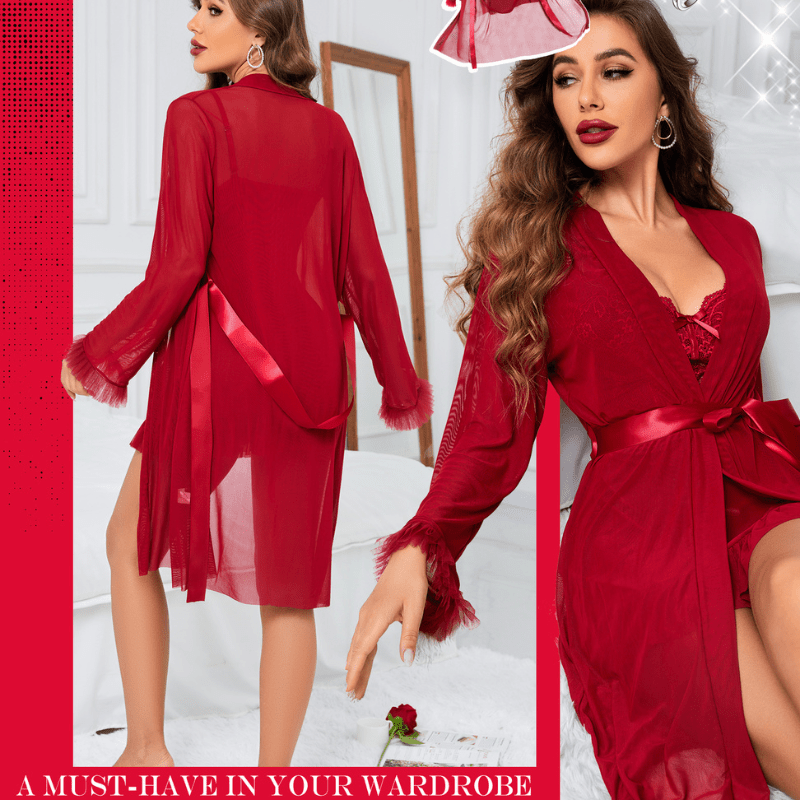 3 Piece Lace Sexy Kimono Robe Babydoll Nightwear Set