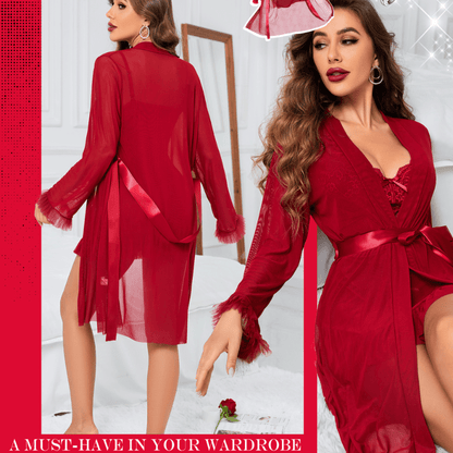 3 Piece Lace Sexy Kimono Robe Babydoll Nightwear Set