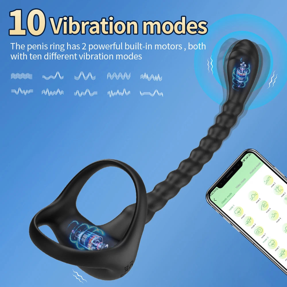 APP-Controlled Cock Ring – 10-Mode Prostate & Anal Butt Plug Vibrator (18+)