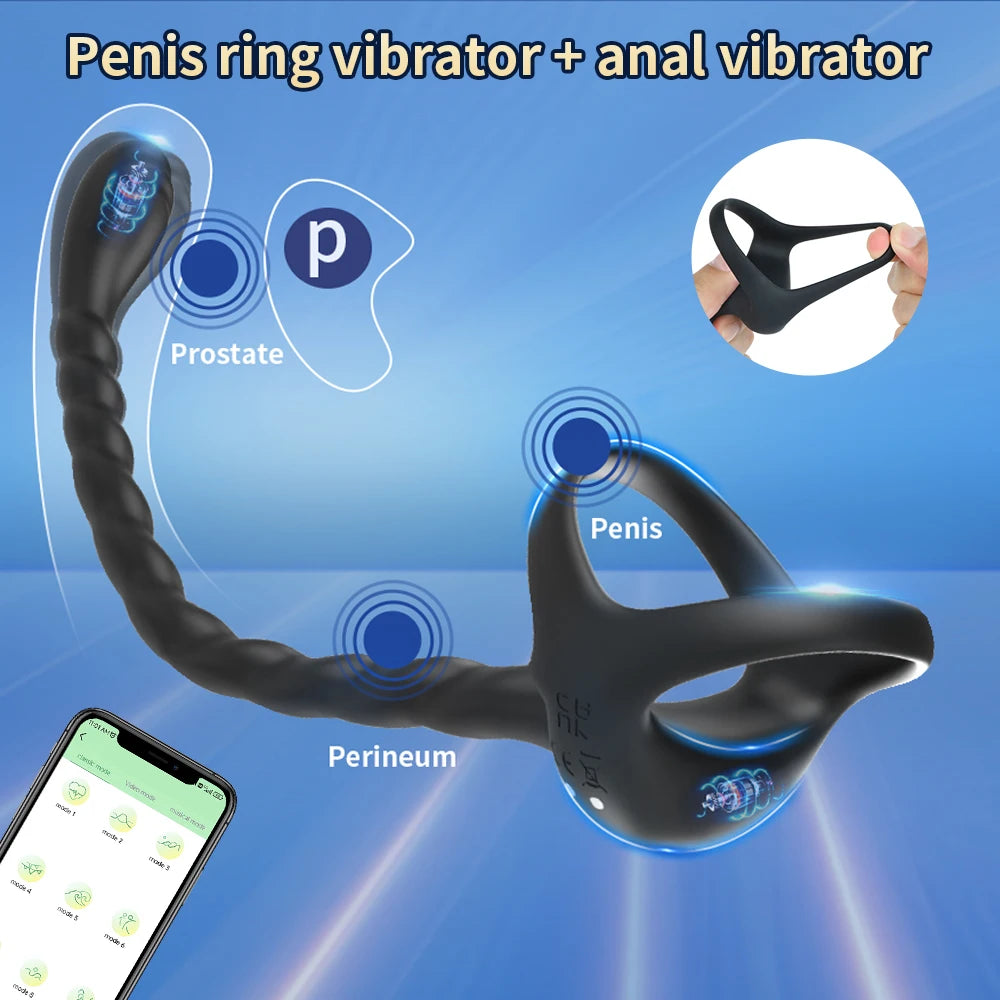 APP-Controlled Cock Ring – 10-Mode Prostate & Anal Butt Plug Vibrator (18+)