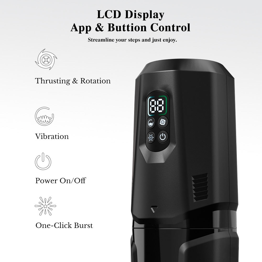 App-controlled thrusting and rotating male masturbator