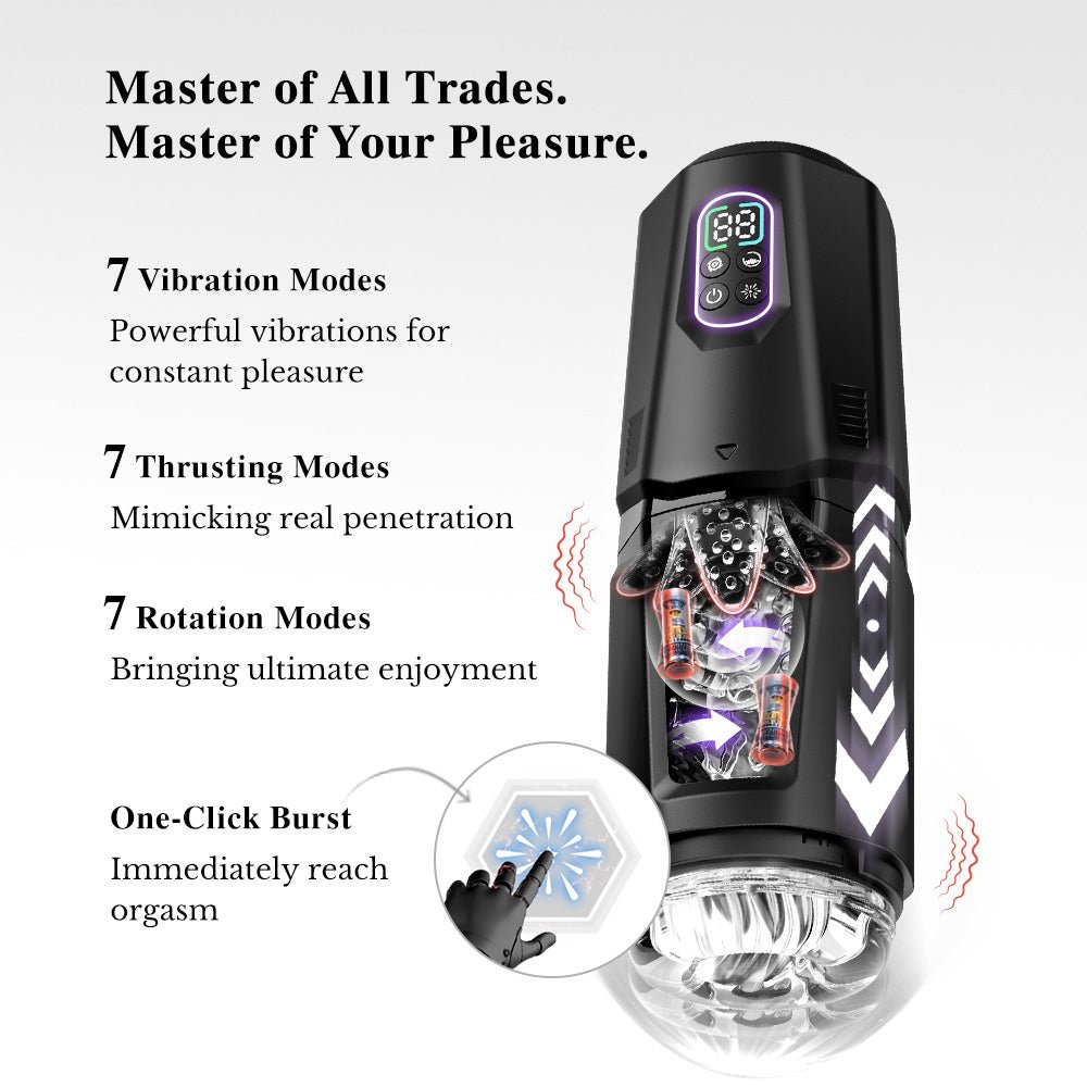 App-controlled thrusting and rotating male masturbator