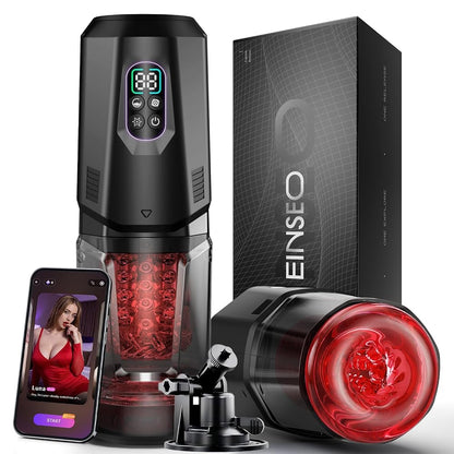 App-controlled thrusting and rotating male masturbator