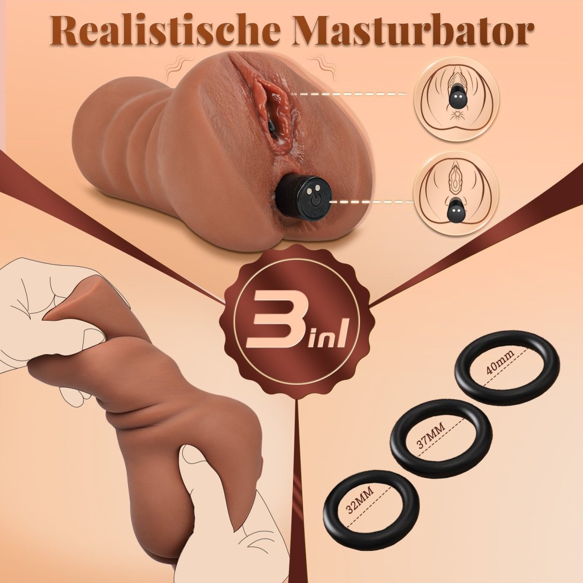Realistic 3D Textured Pocket Pussy with Vibration Bullet and Rings