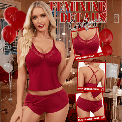 Soft Lace Trim Cami Pajama Set with Criss-Cross Back