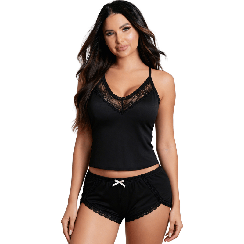 Soft Lace Trim Cami Pajama Set with Criss-Cross Back