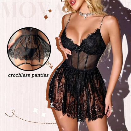 Black Eyelash Lace Babydoll Lingerie - Deep V Strappy Chemise Set
