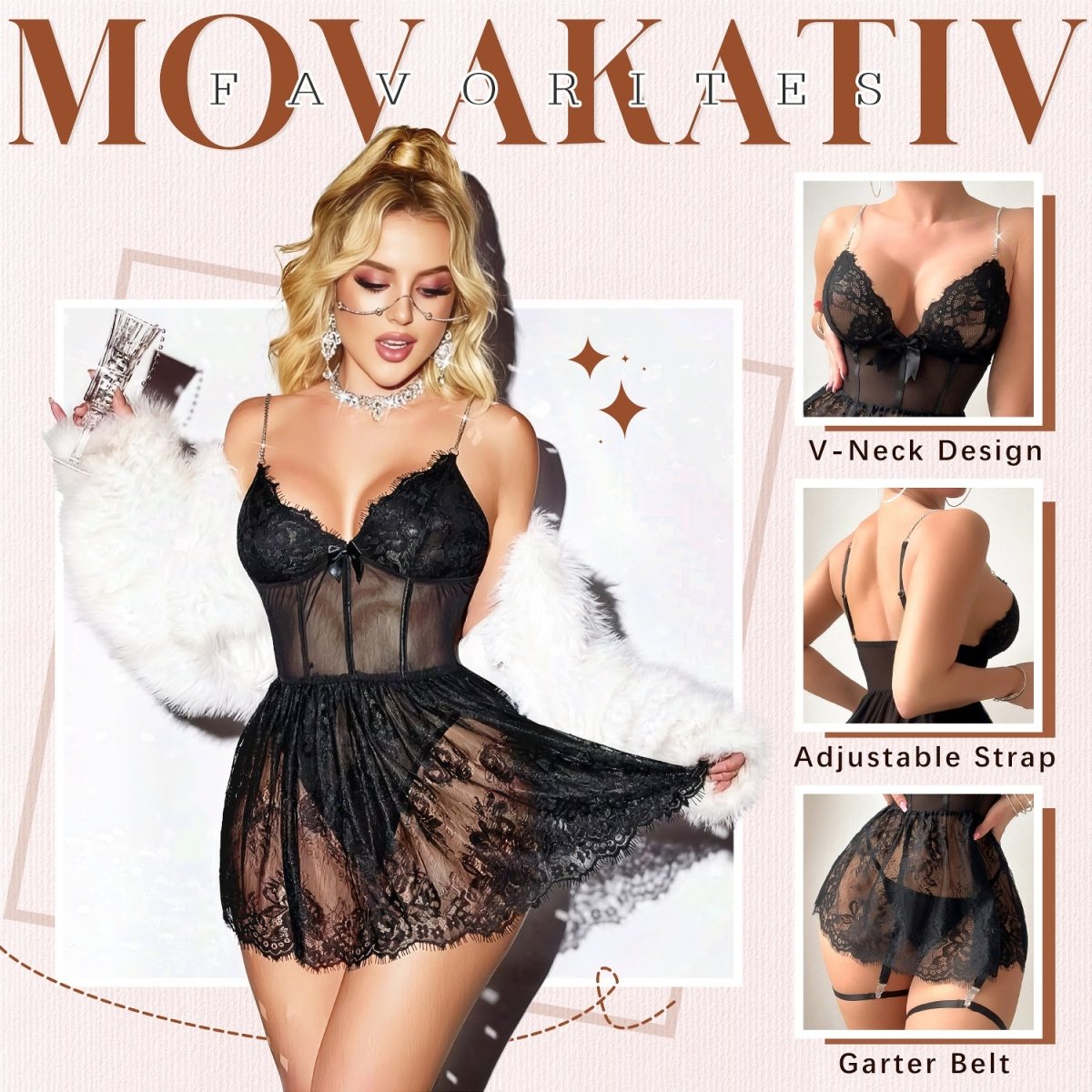 Black Eyelash Lace Babydoll Lingerie - Deep V Strappy Chemise Set