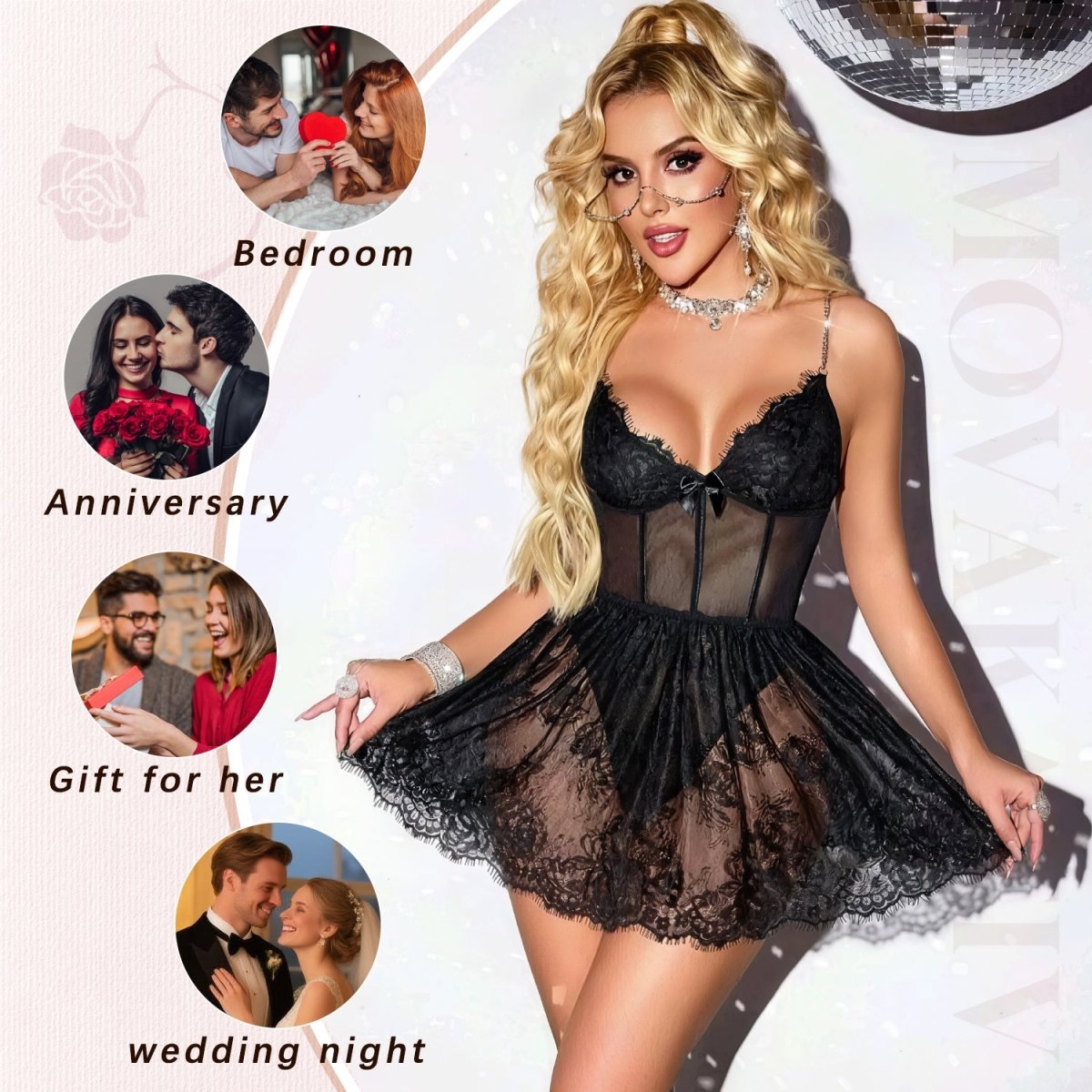 Black Eyelash Lace Babydoll Lingerie - Deep V Strappy Chemise Set