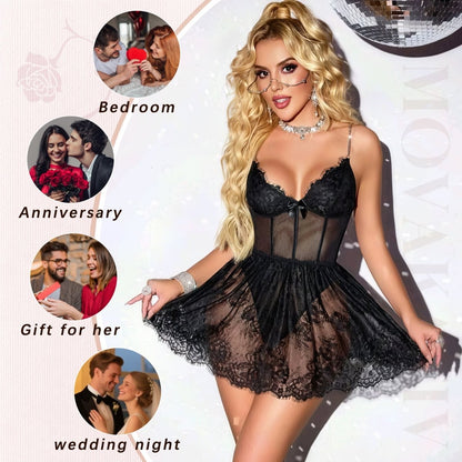 Black Eyelash Lace Babydoll Lingerie - Deep V Strappy Chemise Set