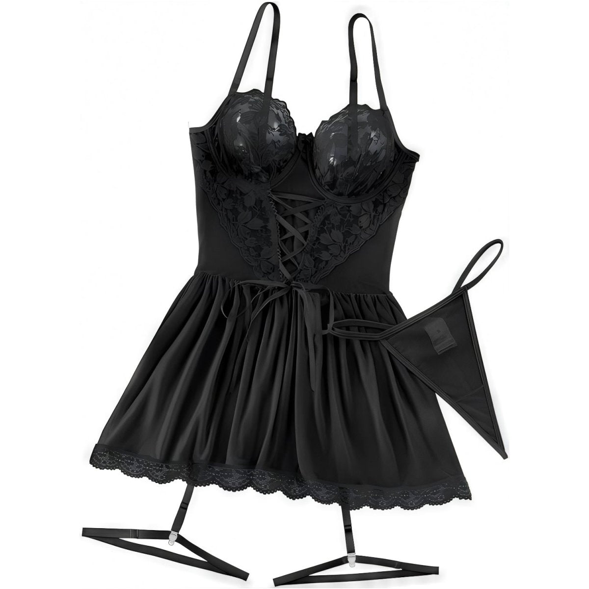 Black Eyelash Lace Babydoll Lingerie - Deep V Strappy Chemise Set