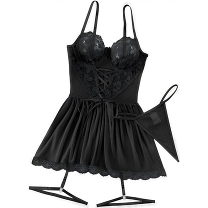 Black Eyelash Lace Babydoll Lingerie - Deep V Strappy Chemise Set