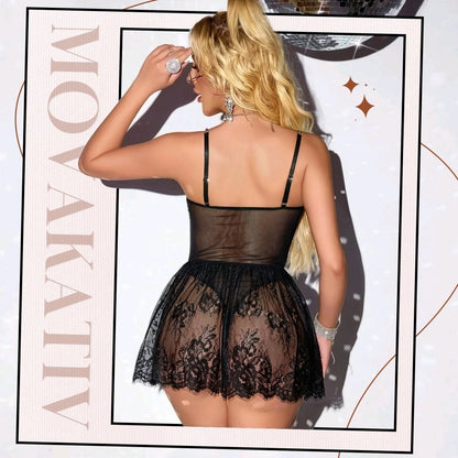 Black Eyelash Lace Babydoll Lingerie - Deep V Strappy Chemise Set