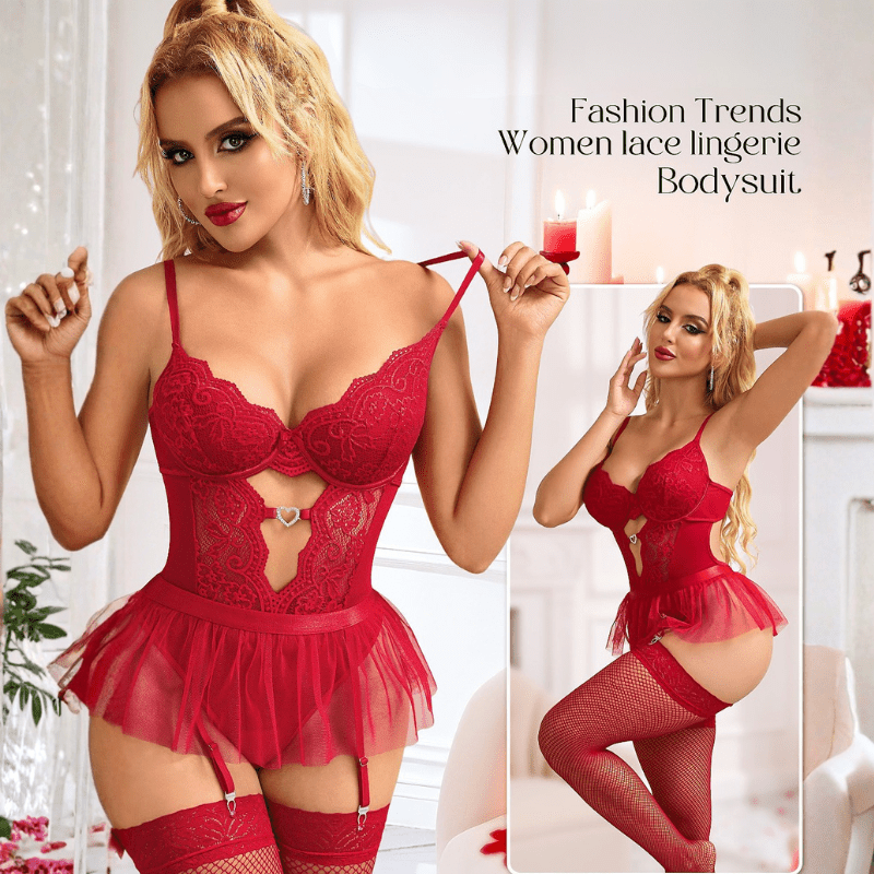 Red Heart Cutout Lace Bodysuit Set with Detachable Skirt & Stockings