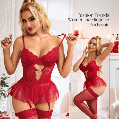 Red Heart Cutout Lace Bodysuit Set with Detachable Skirt & Stockings