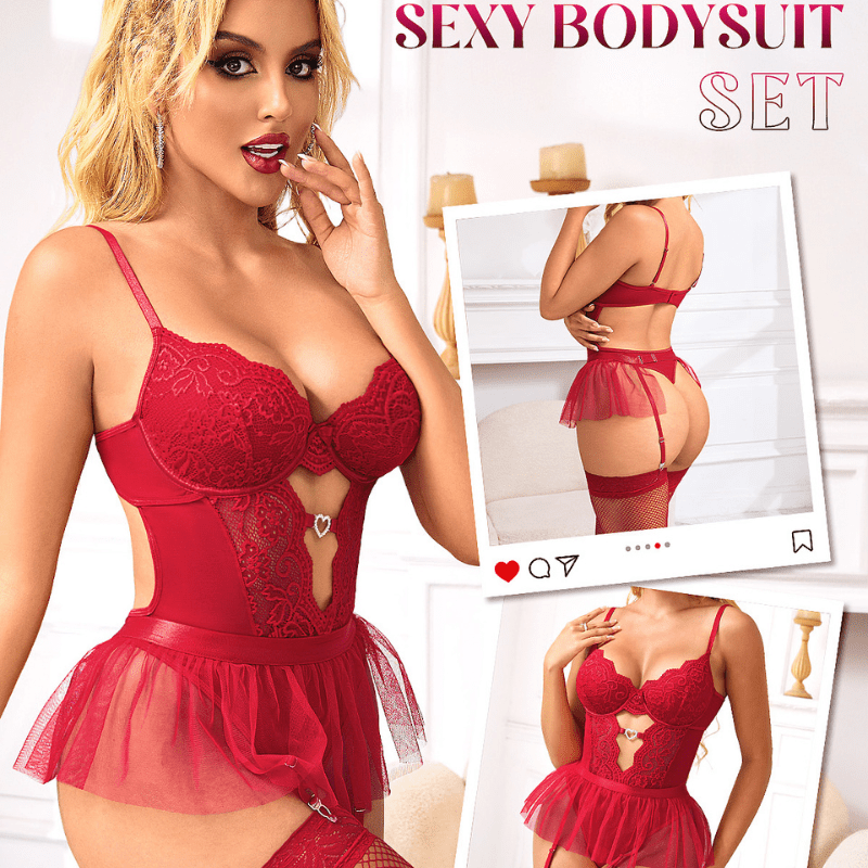 Red Heart Cutout Lace Bodysuit Set with Detachable Skirt & Stockings