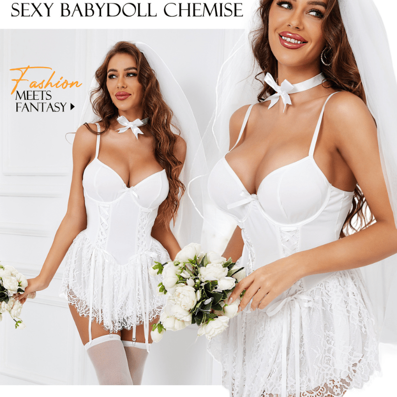 4-Piece Lace Babydoll Lingerie Set with Bow Tie Choker (Available in 5 Colors)