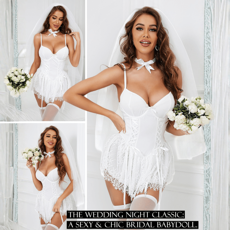 4-Piece Lace Babydoll Lingerie Set with Bow Tie Choker (Available in 5 Colors)